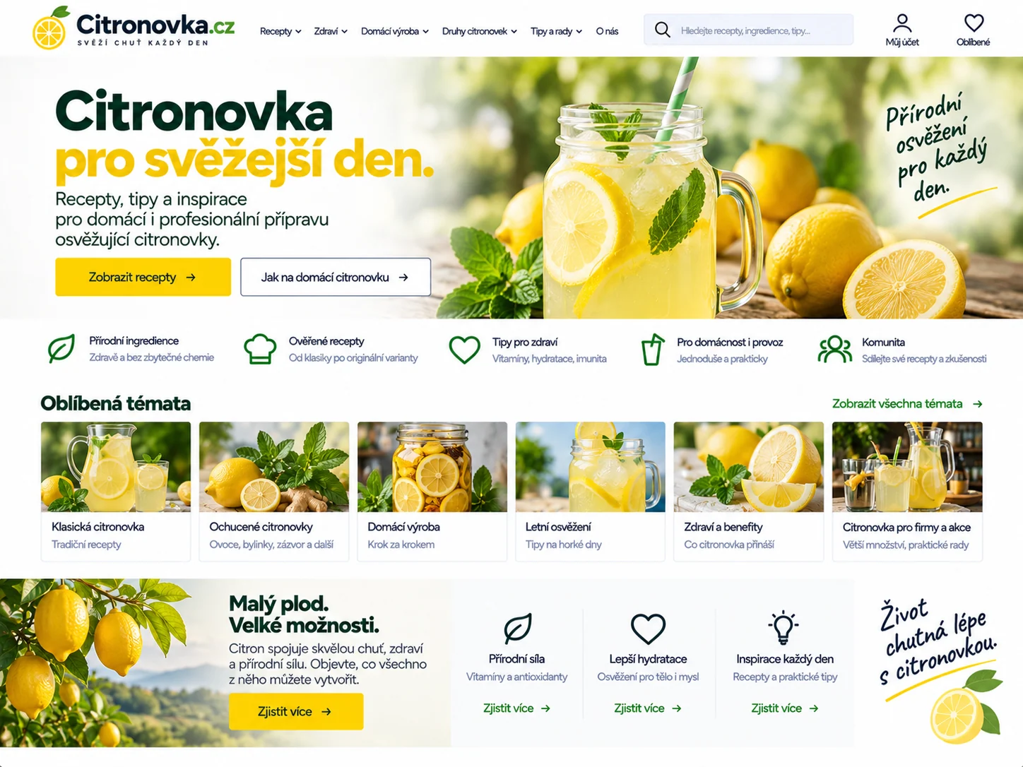 Ilustrační návrh webu Citronovka.cz s citronovými recepty a domácí přípravou nápojů
